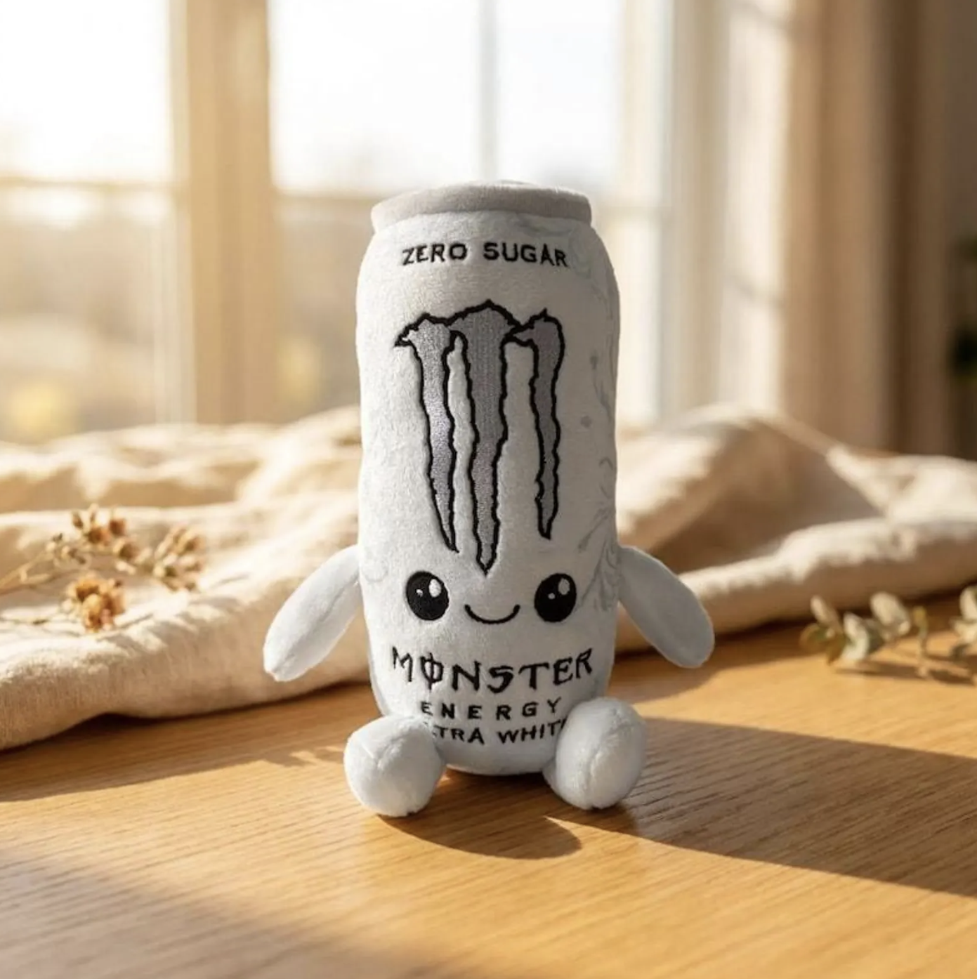 Peluche de lata Monster Energy Ultra White blanco con logo negro
