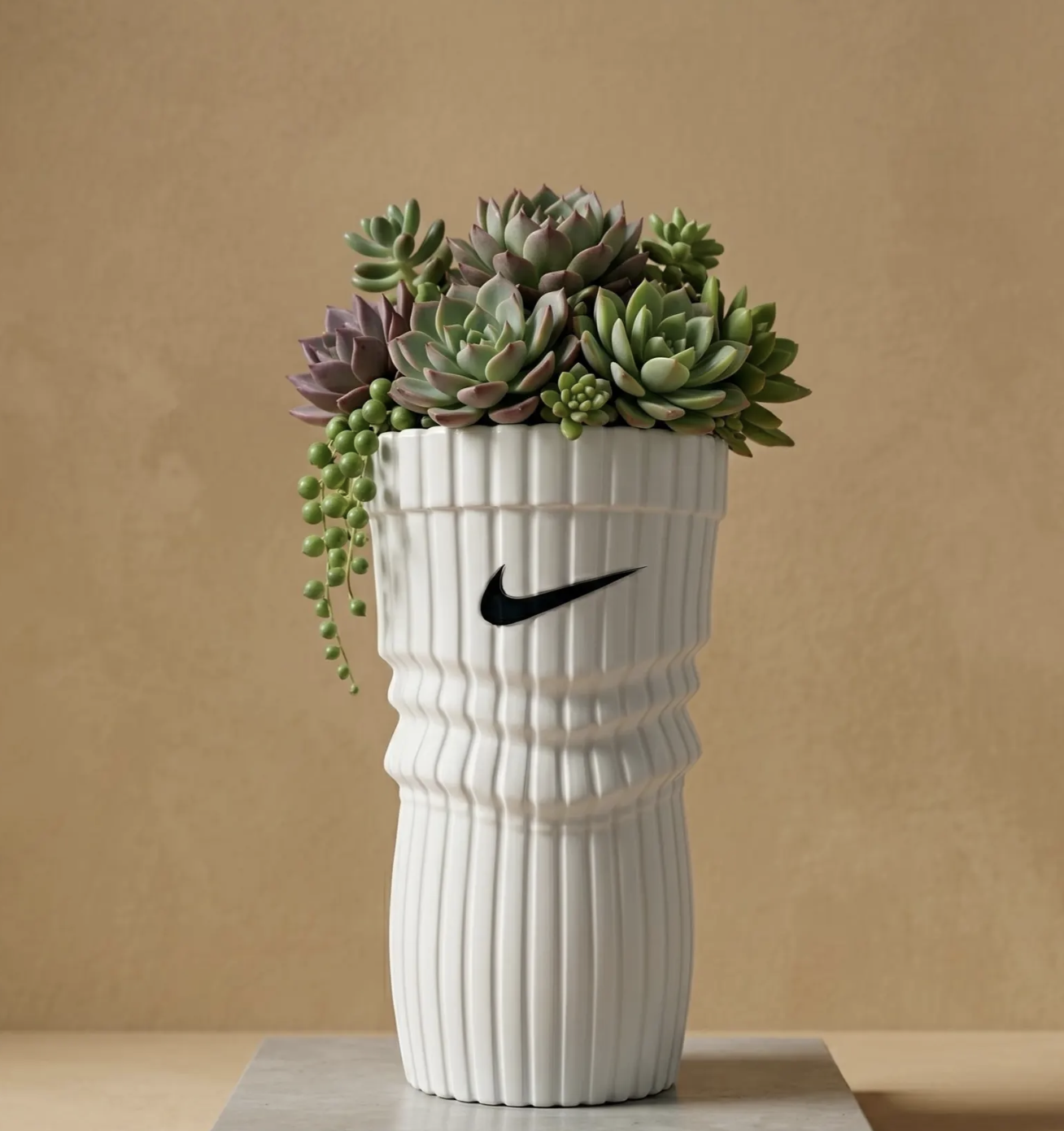 Jarrón con forma de calcetín deportivo blanco con cactus verde
