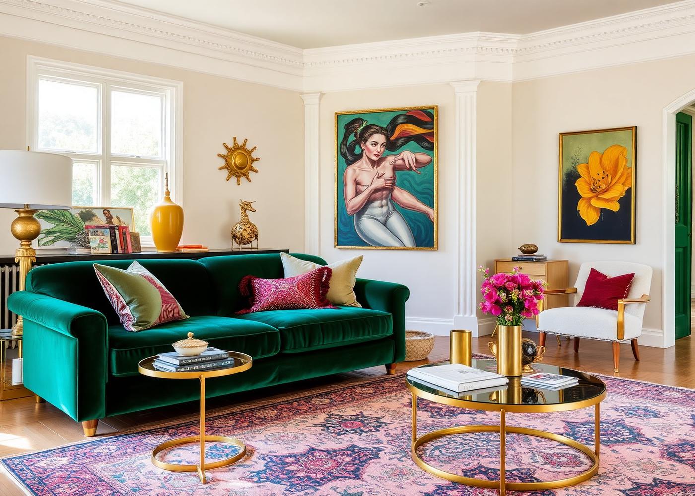 Salón maximalista con sofá verde esmeralda, arte colorido y objetos dorados