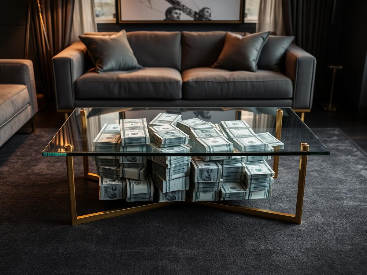 Mesa de centro con billetes encapsulados bajo cristal en salón oscuro